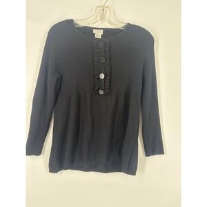 Kim Rogers Signature Black Ribbed Knit Button Front Top‎ Women's Size Large